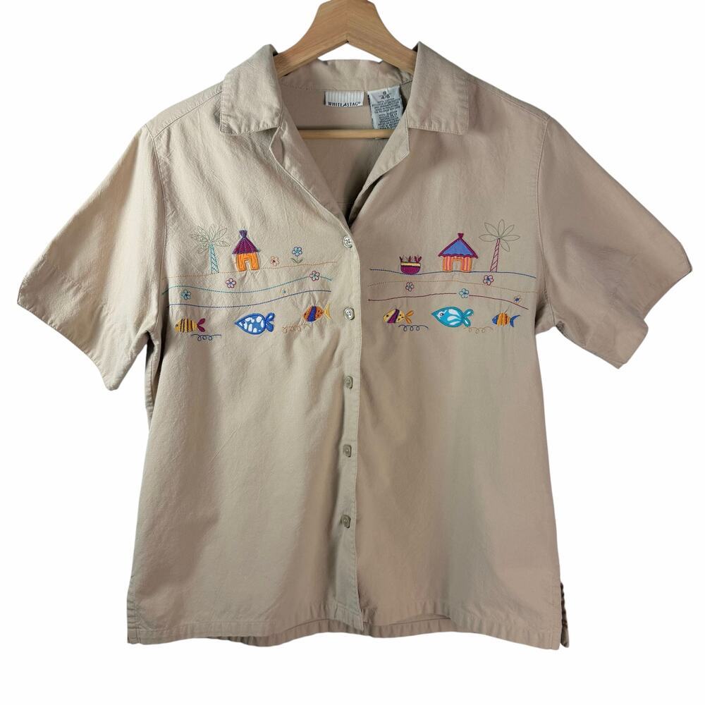 Vintage White Stag Embroidered Tropical Fish Beach Camp Shirt 100% Cotton Size S